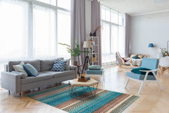 Blue Striped Cotton Rug - Washable Non Slip Area Rug With Fringed Edges