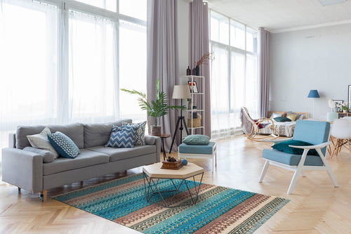 Blue Striped Cotton Rug - Washable Non Slip Area Rug With Fringed Edges