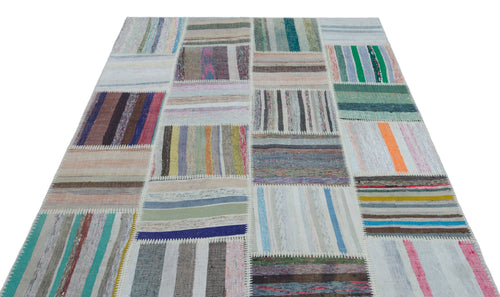 Teselya 22540 Beige Striped Wool Handmade Area Rug 5'3" x 7'7"
