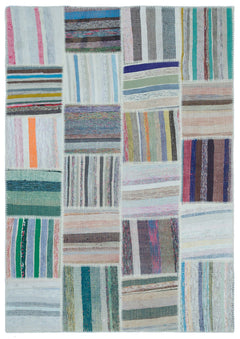 Teselya 22540 Beige Striped Wool Handmade Area Rug 5'3" x 7'7"