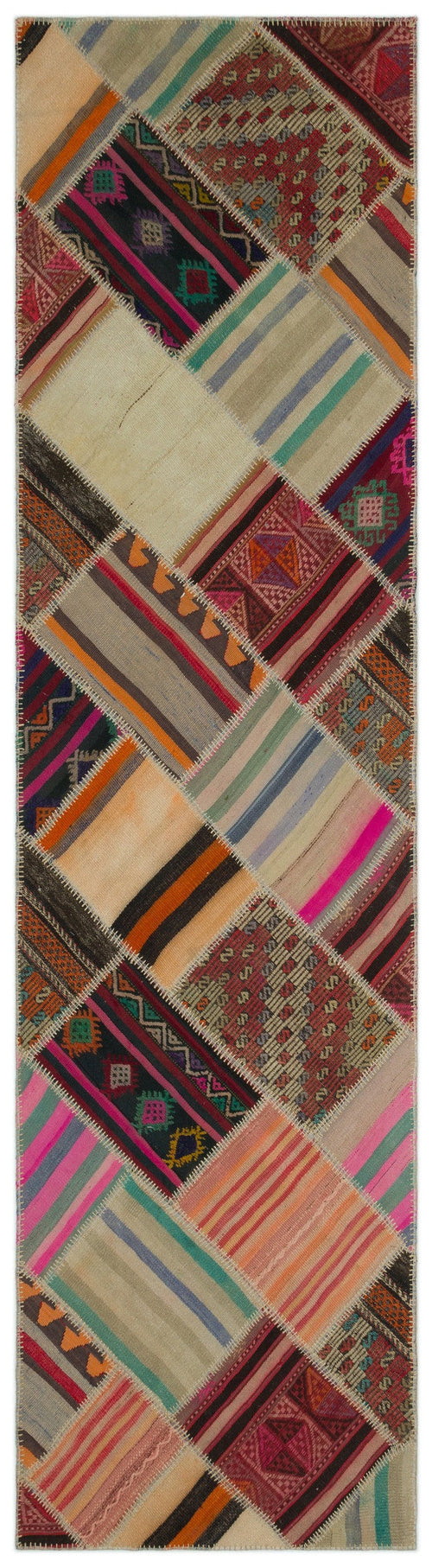 Teselya Beige Striped Wool Handmade Area Rug 2'9" x 10'4"