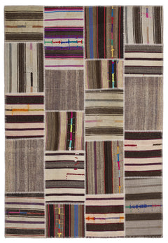 Teselya 2257 Patchwork Striped Wool Handmade Area Rug 5'3" x 7'7"