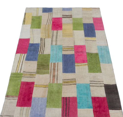 Teselya Beige Patchwork Wool Handmade Area Rug 2'8" x 4'11"
