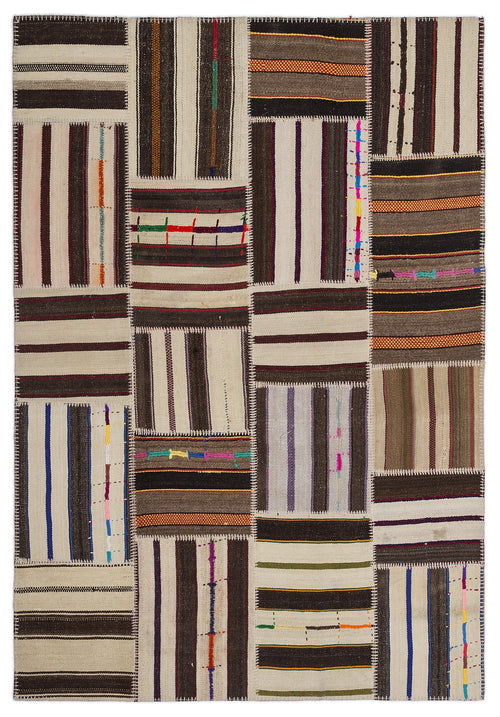 Teselya 2258 Brown Striped Wool Handmade Area Rug 5'3" x 7'7"