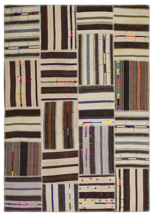 Teselya 2259 Patchwork Striped Wool Handmade Area Rug 5'3" x 7'7"