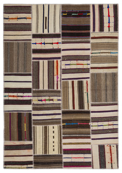 Teselya 2260 Brown Striped Wool Handmade Area Rug 5'3" x 7'7"