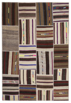 Teselya 2262 Patchwork Striped Wool Handmade Area Rug 5'3" x 7'7"