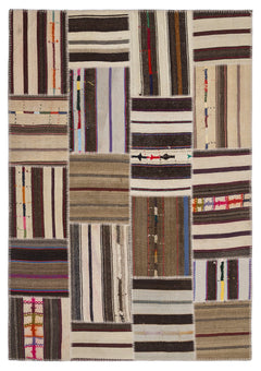 Teselya 2265 Beige Striped Wool Handmade Area Rug 5'3" x 7'7"