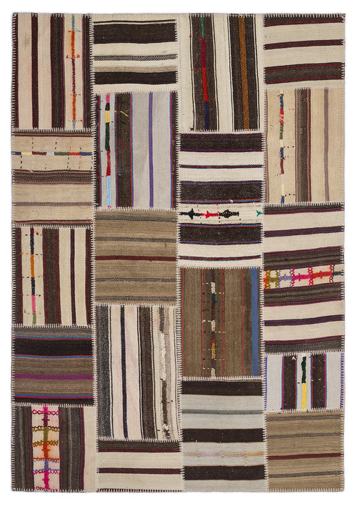 Teselya 2265 Beige Striped Wool Handmade Area Rug 5'3" x 7'7"