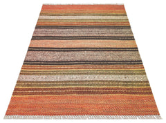 Cotton Washable Kilim – Orange Striped Rug | Fluff Resistant, Double Sided Mat