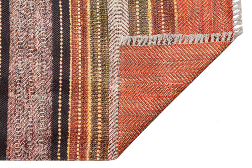 Cotton Washable Kilim – Orange Striped Rug | Fluff Resistant, Double Sided Mat