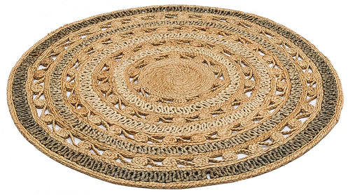 Beige Jute Rug – Round Geometric Hand Woven Natural Fiber Carpet, Soft Texture