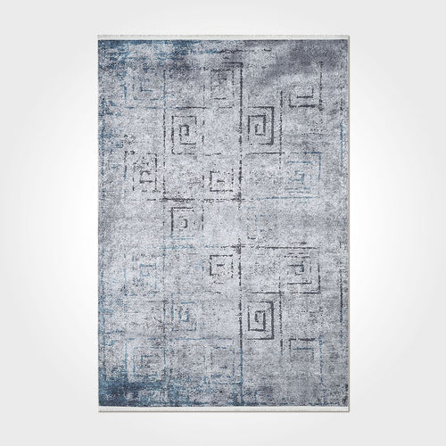 Blue Geometric Area Rug – Washable Non Slip Chenille Cotton Carpet for Living Room