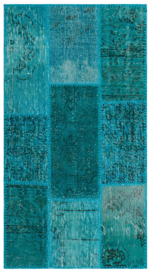 Iskece 24637 Turquoise Patchwork Wool Handmade Area Rug 2'7" x 4'11"