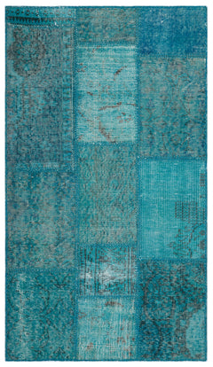 Iskece 24747 Turquoise Patchwork Wool Handmade Area Rug 2'7" x 4'11"