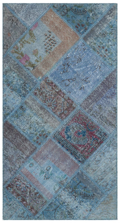 Iskece 24752 Blue Patchwork Wool Handmade Area Rug 2'7" x 4'11"