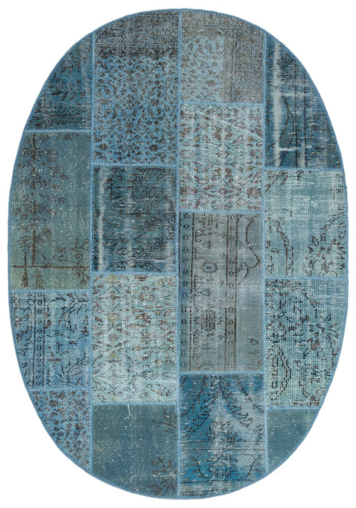 Iskece 24810 Blue Patchwork Wool Handmade Area Rug 5'3" x 7'7"
