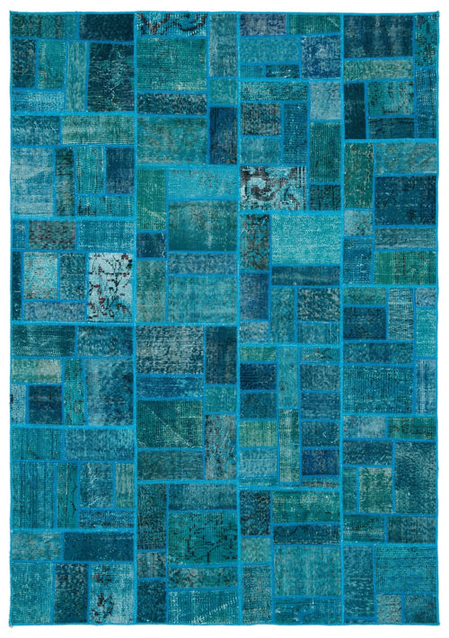 Iskece 24859 Turquoise Patchwork Wool Handmade Area Rug 5'3" x 7'7"