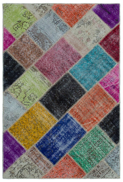 Iskece 24895 Beige Patchwork Wool Handmade Area Rug 3'11" x 5'11"
