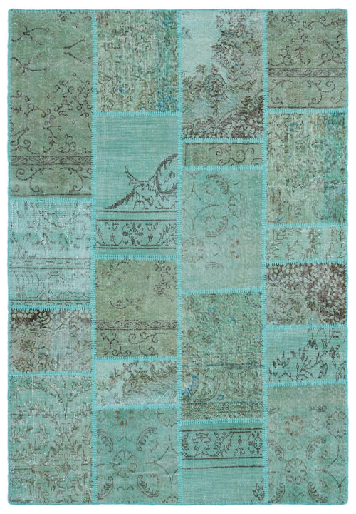 Iskece 24991 Turquoise Patchwork Wool Handmade Area Rug 5'3" x 7'7"