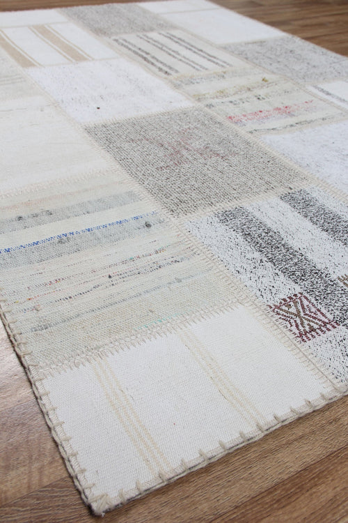 Beige Patchwork Kilim - Handmade Cotton Rug With Flatweave Texture & Non Slip