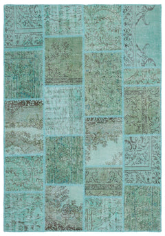 Iskece 25015 Turquoise Patchwork Wool Handmade Area Rug 5'3" x 7'7"