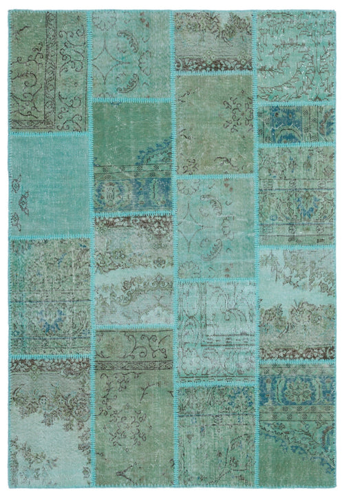 Iskece 25019 Turquoise Patchwork Wool Handmade Area Rug 5'3" x 7'7"