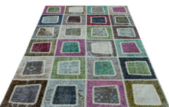 Iskece 25035 Beige Patchwork Wool Handmade Area Rug 5'3" x 7'10"