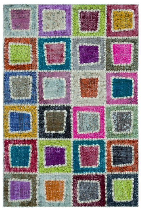 Iskece 25037 Beige Patchwork Wool Handmade Area Rug 5'3" x 7'10"