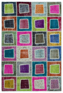 Iskece 25040 Beige Patchwork Wool Handmade Area Rug 5'3" x 7'10"