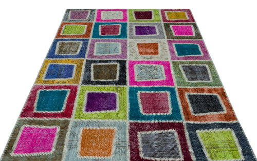 Iskece 25040 Beige Patchwork Wool Handmade Area Rug 5'3" x 7'10"