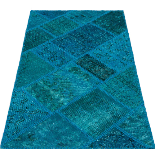 Iskece 25071 Turquoise Patchwork Wool Handmade Area Rug 2'7" x 4'11"