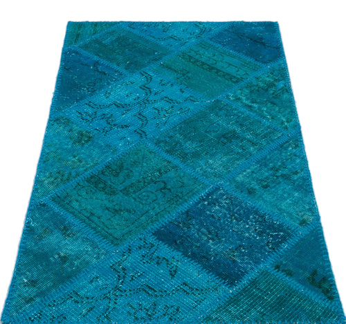 Iskece 25072 Turquoise Patchwork Wool Handmade Area Rug 2'7" x 4'11"