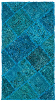 Iskece 25077 Turquoise Patchwork Wool Handmade Area Rug 2'7" x 4'11"