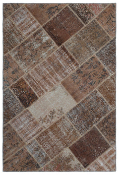 Iskece 25092 Brown Patchwork Wool Handmade Area Rug 3'11" x 5'11"