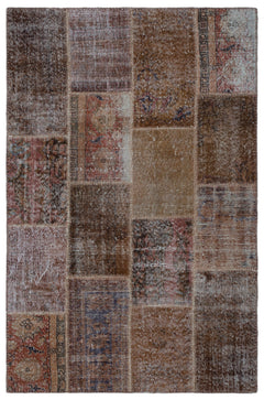 Iskece 25096 Brown Patchwork Wool Handmade Area Rug 3'11" x 5'11"