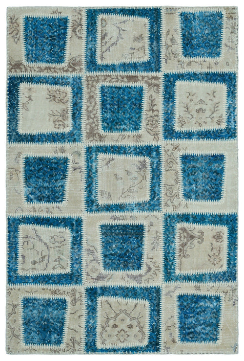 Iskece 25180 Navy Patchwork Wool Handmade Area Rug 3'11" x 5'11"