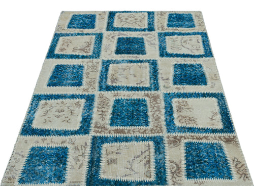 Iskece 25180 Navy Patchwork Wool Handmade Area Rug 3'11" x 5'11"