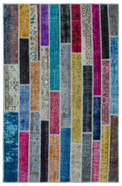 Iskece Beige Patchwork Wool Handmade Area Rug 5'1" x 7'9"