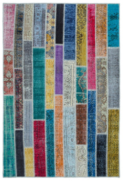 Iskece Beige Patchwork Wool Handmade Area Rug 5'0" x 7'7"