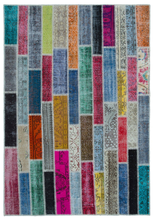 Iskece Beige Patchwork Wool Handmade Area Rug 5'3" x 7'7"