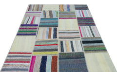 Teselya 25238 Patchwork Striped Wool Handmade Area Rug 5'2" x 7'3"