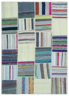 Teselya 25238 Patchwork Striped Wool Handmade Area Rug 5'2" x 7'3"