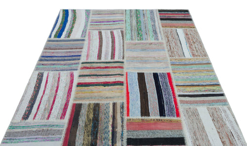 Teselya 25239 Beige Striped Wool Handmade Area Rug 5'3" x 7'3"