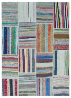 Teselya 25245 Patchwork Striped Wool Handmade Area Rug 5'3" x 7'3"
