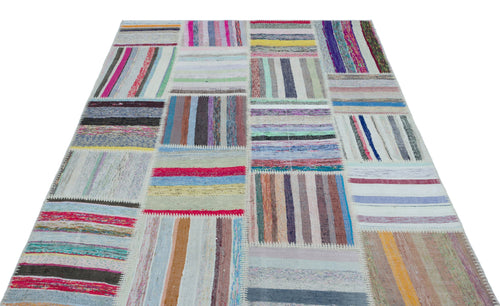 Teselya 25248 Beige Striped Wool Handmade Area Rug 5'2" x 7'3"
