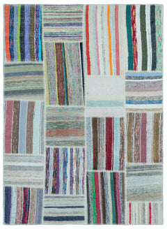 Teselya 25249 Patchwork Striped Wool Handmade Area Rug 5'3" x 7'3"