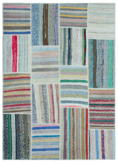 Teselya 25250 Beige Striped Wool Handmade Area Rug 5'2" x 7'3"
