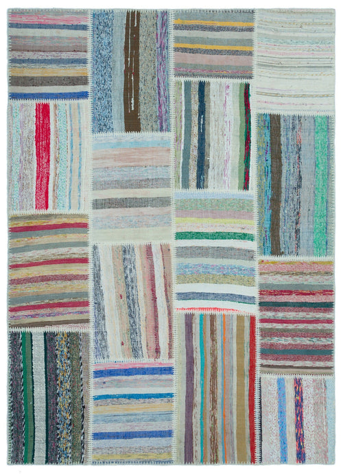 Teselya 25250 Beige Striped Wool Handmade Area Rug 5'2" x 7'3"