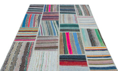 Teselya 25254 Patchwork Striped Wool Handmade Area Rug 5'3" x 7'3"